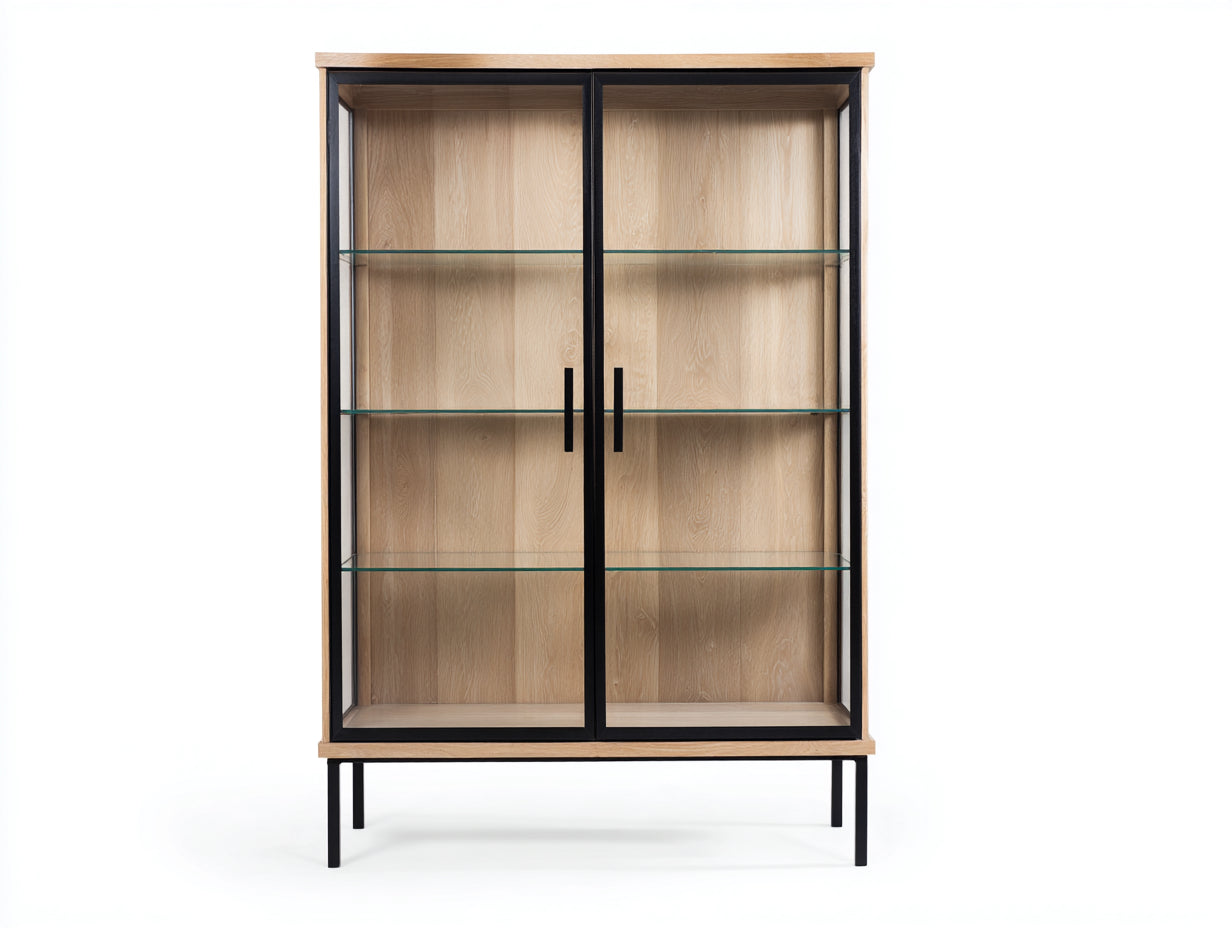 Vitrine 100 × 40 × 190 cm aus Holzwerkstoff Metall und Glas – Eiche hell/Schwarz – 2 Türen mit 3 Glasböden
