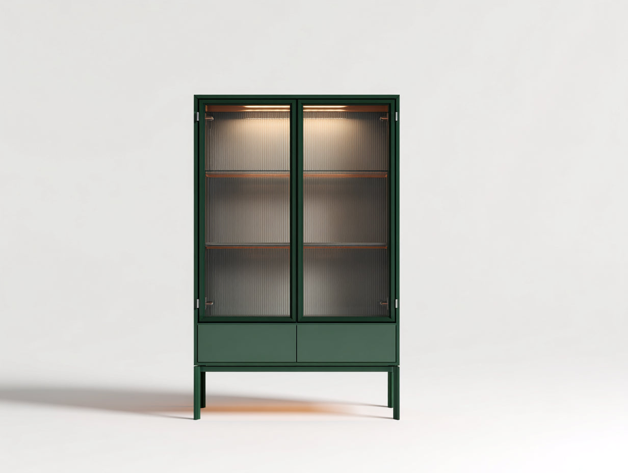 Vitrine aus Metall und Strukturglas 86×42×178 cm Dunkelgrün/Grau für Wohnzimmer - 2 Glastüren mit 2 Schubladen