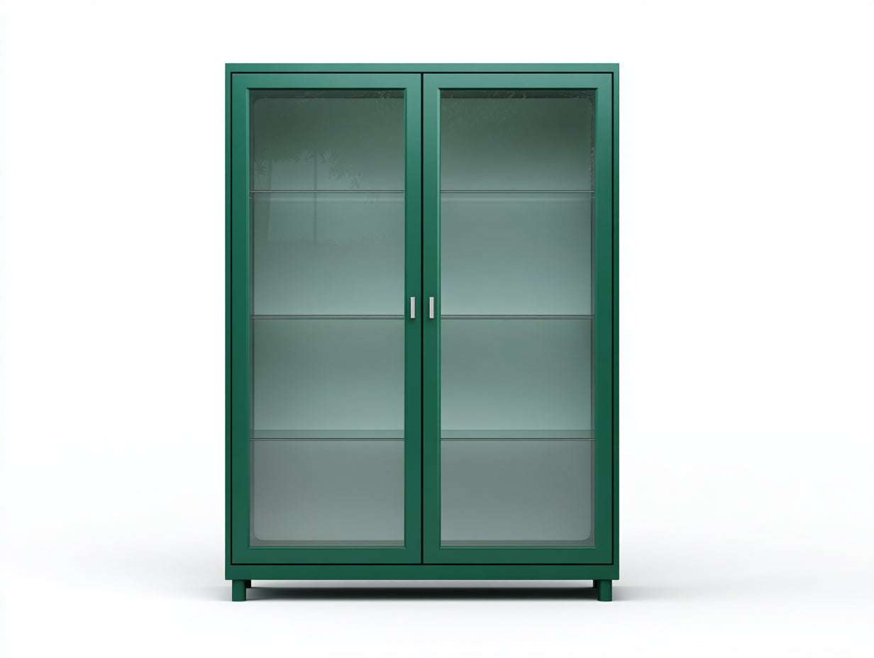 Vitrine aus Metall und Glas 90×38×180 cm - Dunkelgrün/Silberfarben - zwei Türen mit vier Ebenen