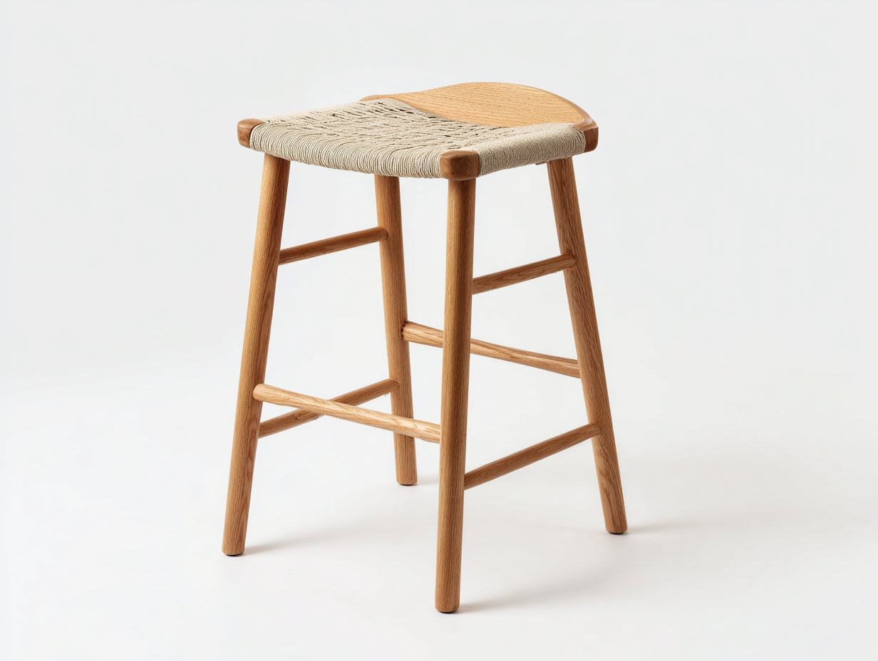 Barhocker Eichenholz Geflechtsitz 45×46×84 cm - Natur/Beige - niedrige Rückenstütze für Hausbar