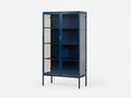 Vitrine 92 × 40 × 184 cm aus Stahl und Klarglas – Tiefblau/Schwarz/Silber – 2 Türen mit Griffen