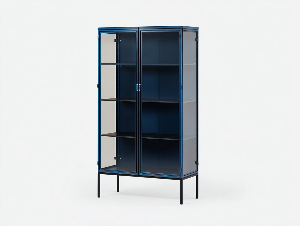 Vitrine 92 × 40 × 184 cm aus Stahl und Klarglas – Tiefblau/Schwarz/Silber – 2 Türen mit Griffen