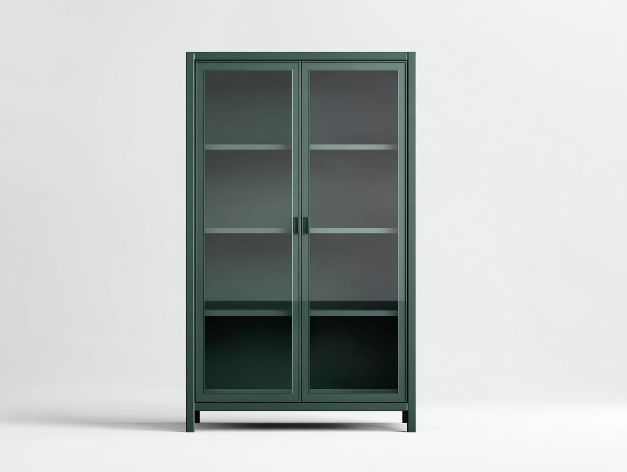 Vitrine aus Metall und Rauchglas 88×39×185 cm - Tannengrün/Rauchgrau - hohe Doppeltür mit vier Ebenen