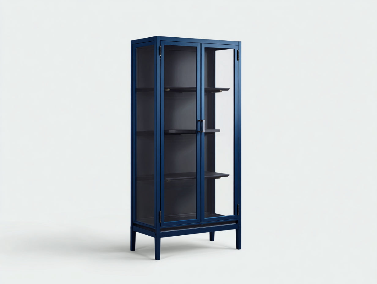 Vitrine Metall Glas 85×40×180 cm - Dunkelblau/Schwarz - 2 Glastüren für Wohnzimmer