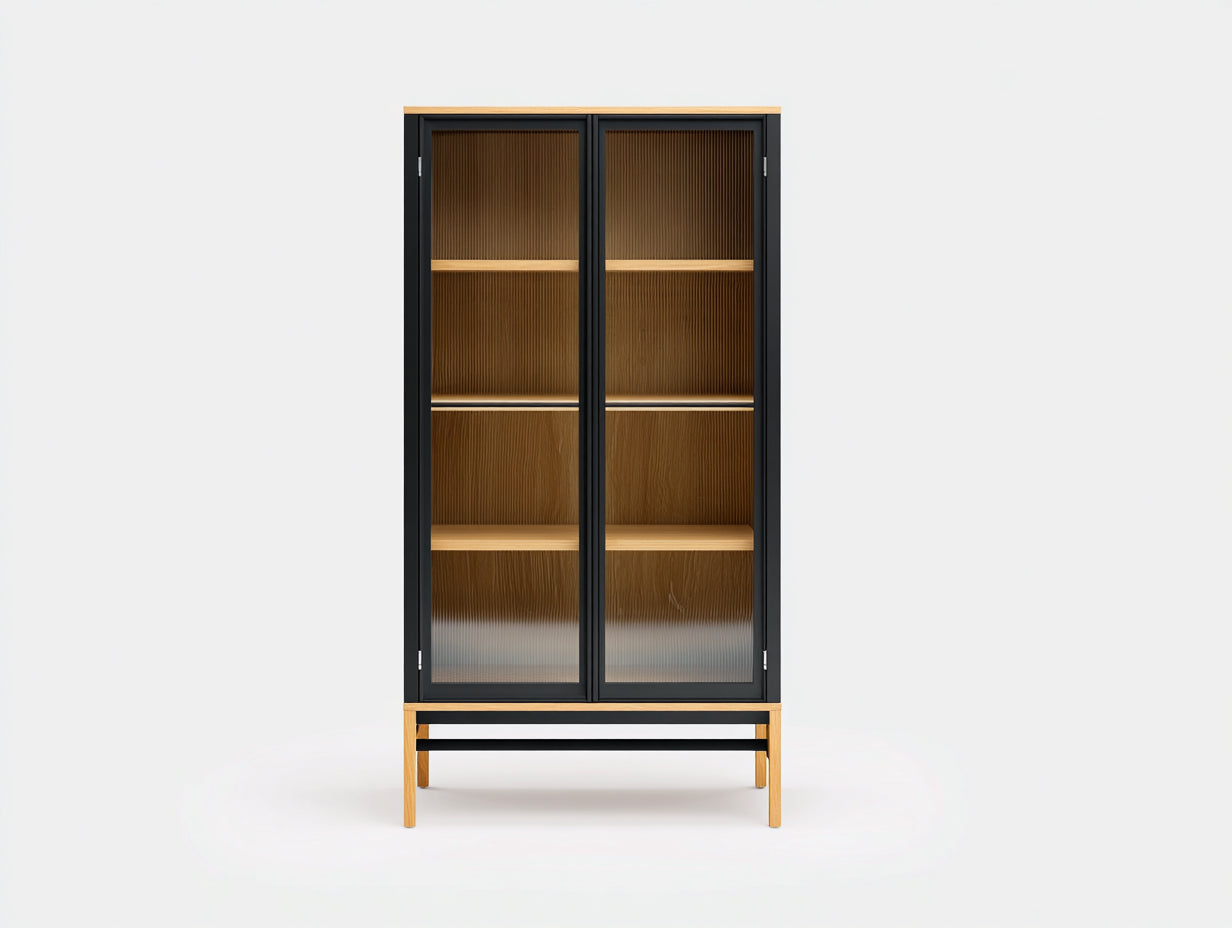 Vitrine aus Metall Glas und Holz 90×40×180 cm Schwarz/Natur für Wohnzimmer - 2 Strukturglastüren