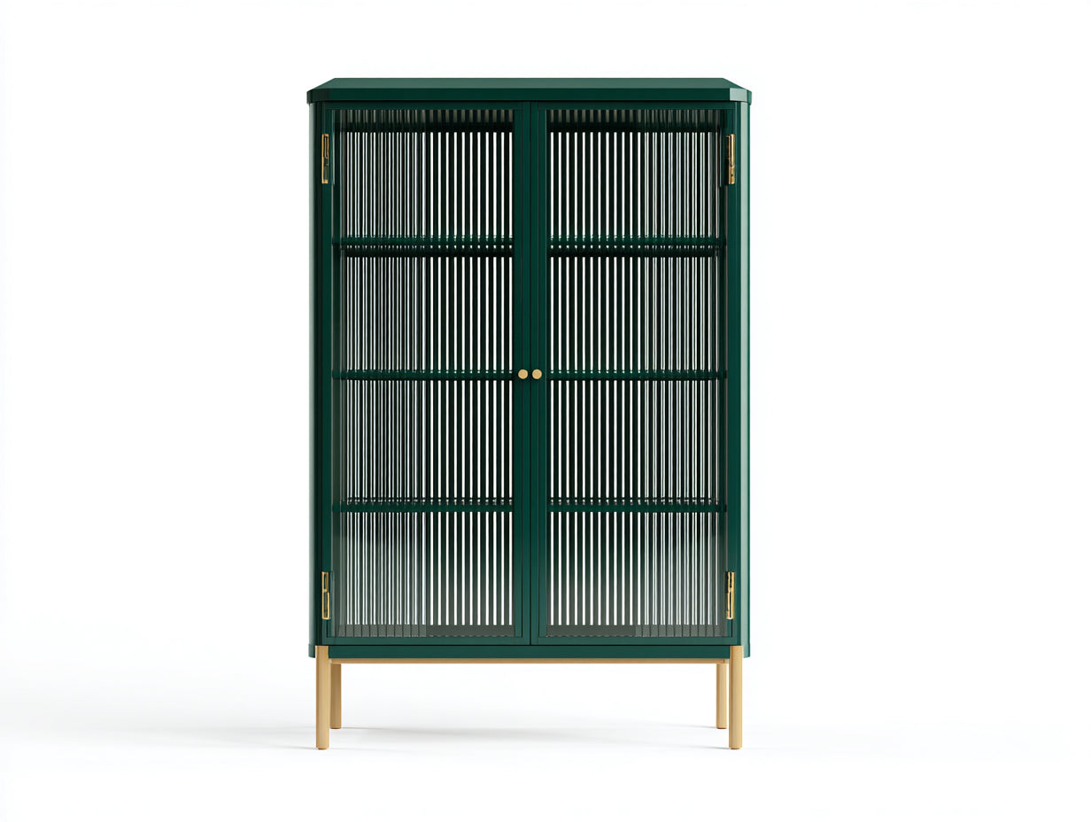 Vitrine aus Metall und Strukturglas 88×39×176 cm Dunkelgrün/Gold für Wohnzimmer - 2 Glastüren