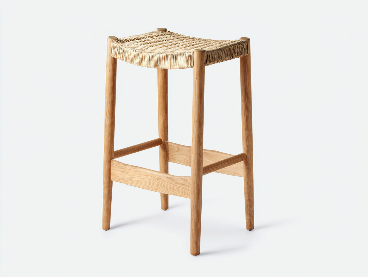Barhocker aus Holz 42×40×76 cm - Natur/Beige - handgeflochtene Sitzfläche mit Fußstreben für Hausbar