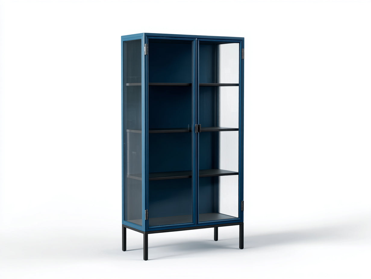 Vitrine 80 × 38 × 180 cm aus Stahl und Glas – Dunkelblau/Schwarz – 2 Türen und 3 Einlegeböden