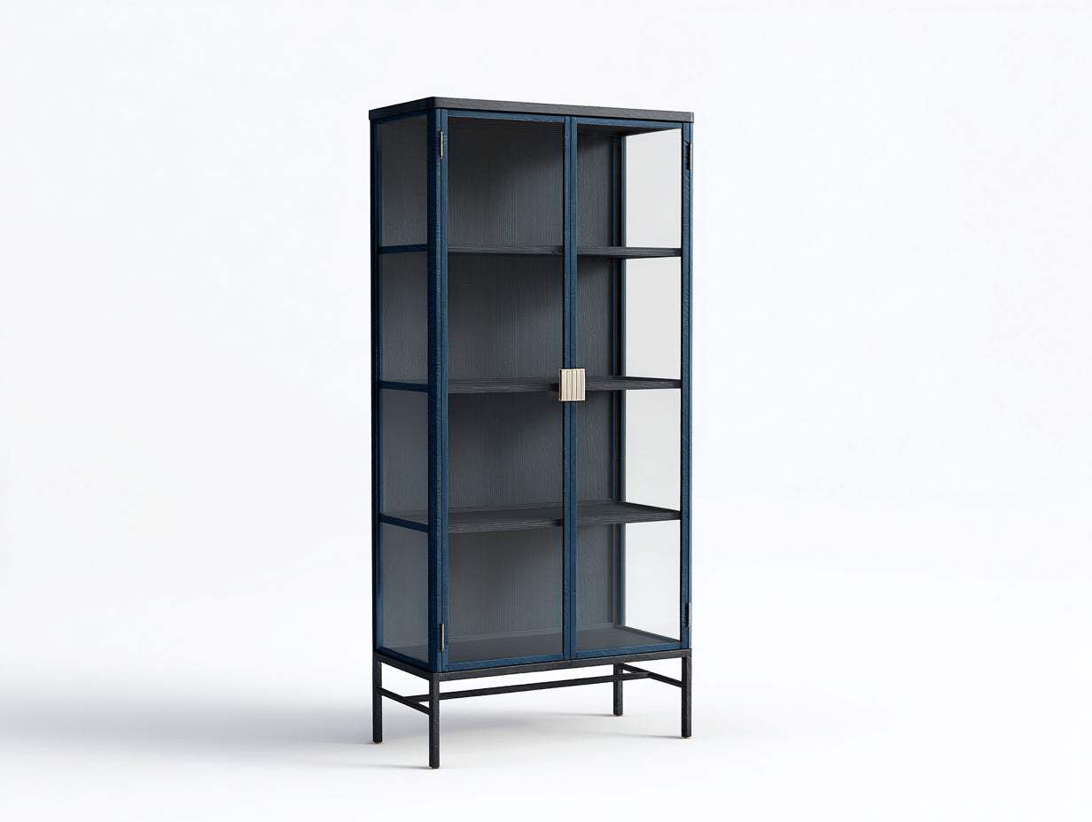 Vitrine Metall Glas 90×40×182 cm - Dunkelblau/Schwarz - 2 Glastüren mit Standgestell