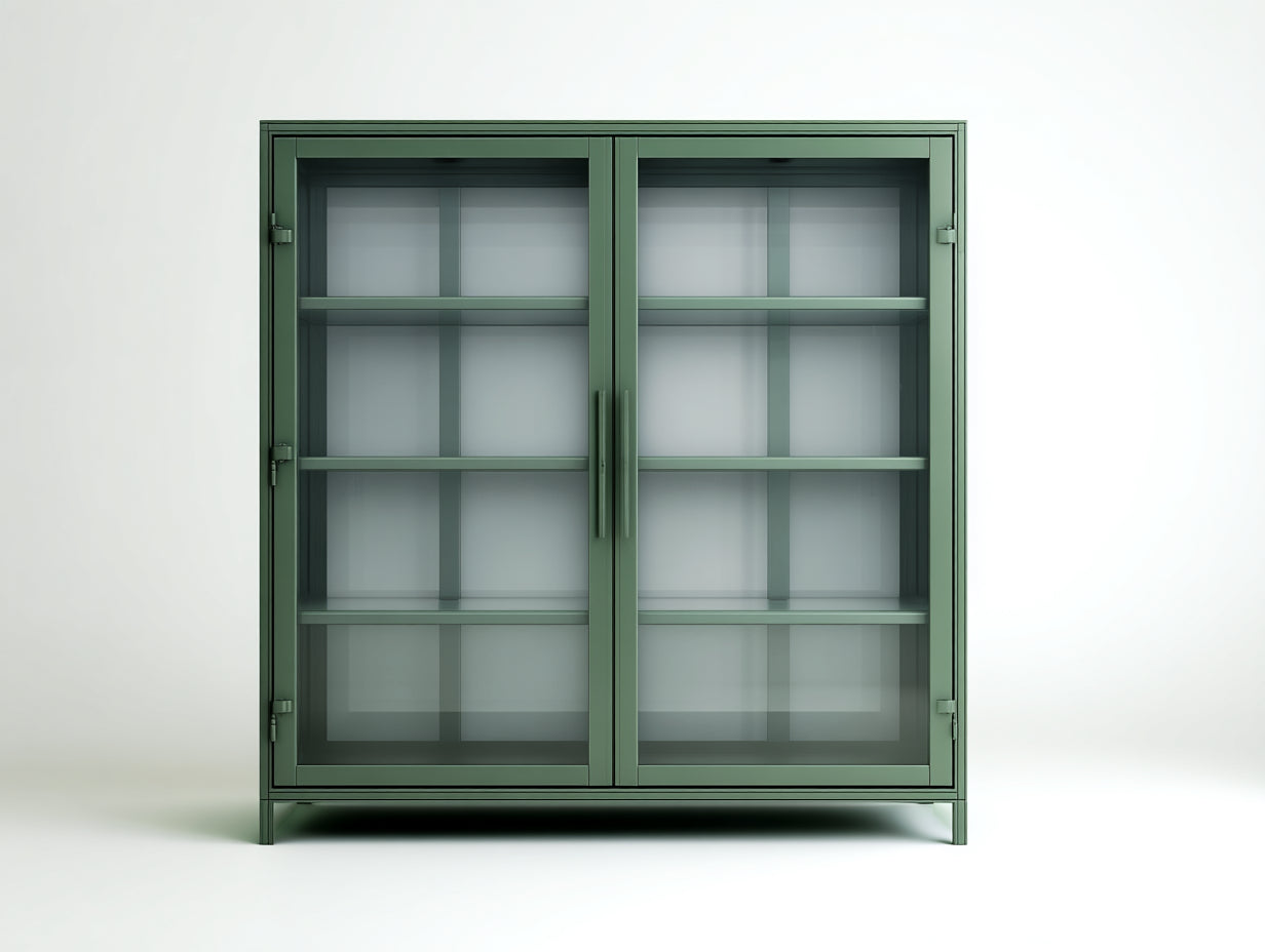 Vitrine mit Glasfront 120×42×155 cm - Graugrün - breite Metallvitrine mit vier Ablageebenen