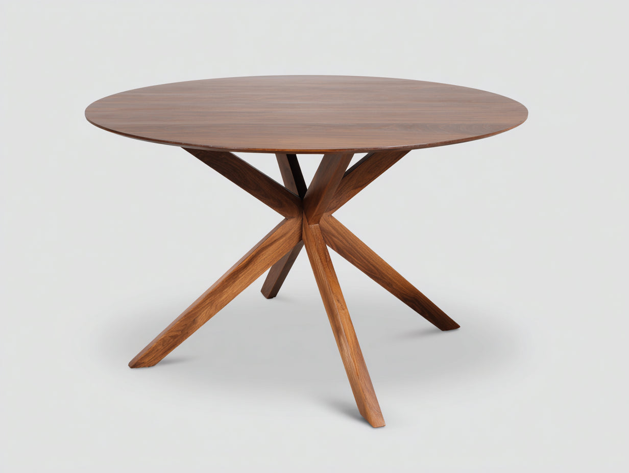 Esstisch aus Holz-Holz-150×150×75 cm-Walnussbraun-rund mit skulpturalem Sternfuß fürs Esszimmer