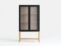 Vitrine 84 × 38 × 184 cm aus Holzwerkstoff Glas und Massivholz – Schwarz/Eiche hell – 2 Türen auf hohem Gestell