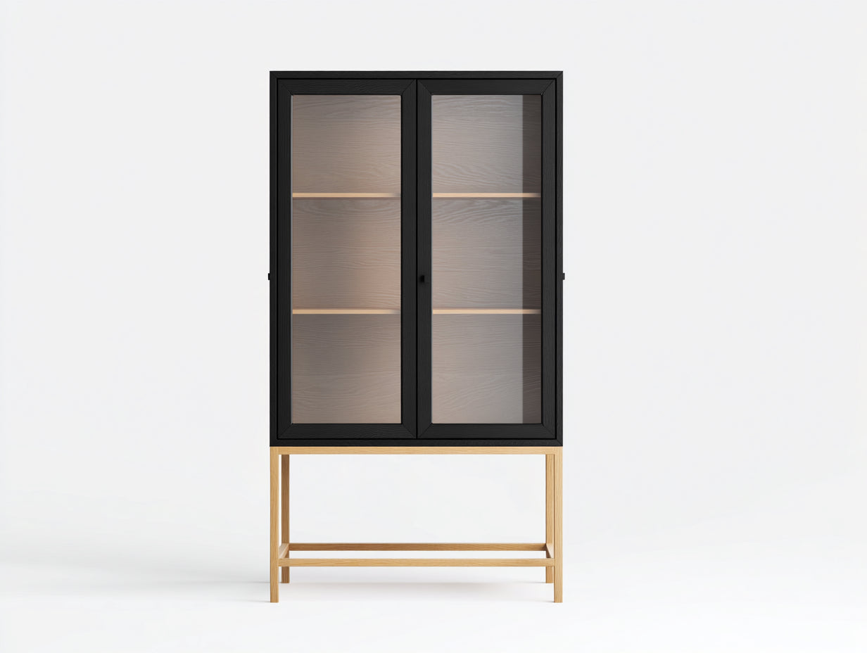 Vitrine 84 × 38 × 184 cm aus Holzwerkstoff Glas und Massivholz – Schwarz/Eiche hell – 2 Türen auf hohem Gestell