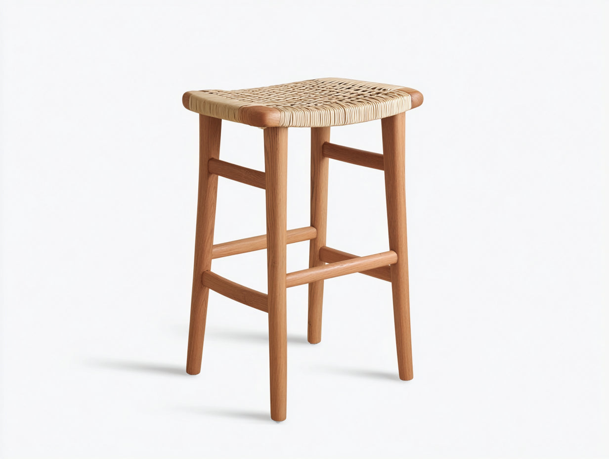 Barhocker Eichenholz Geflechtsitz 39×39×66 cm - Natur/Beige - rückenlos mit Fußauflage für Hausbar